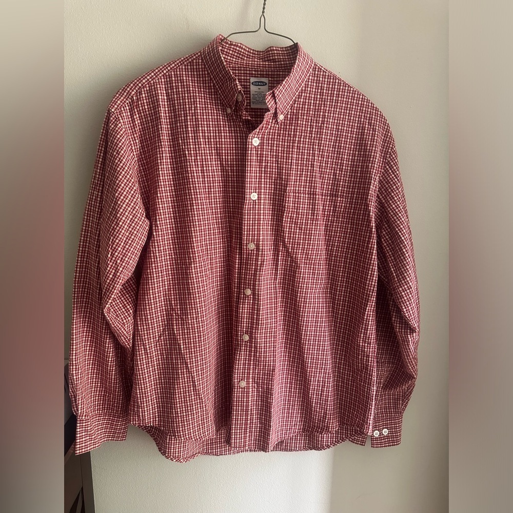 Old Navy Shirt Mens Medium Red  Plaid Long Sleeve Button Up Pockets Cotton